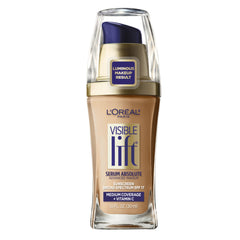 L'Oreal Paris Visible Lift Serum Absolute Foundation Natural Buff bottle for luminous, even tone.