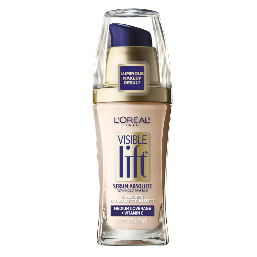 L'Oreal Paris Visible Lift Serum Absolute Foundation Soft Ivory bottle for even skin tone.