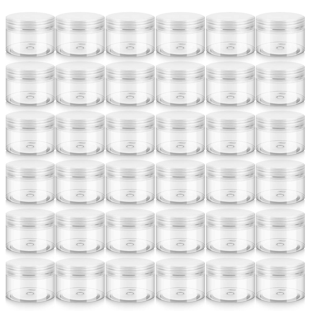 Loretoy 36-pack 4oz jars with sturdy PET bodies for cosmetics on the go.