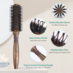 LORSEX round brush close-up shows boar bristles for natural oil distribution and healthier shine