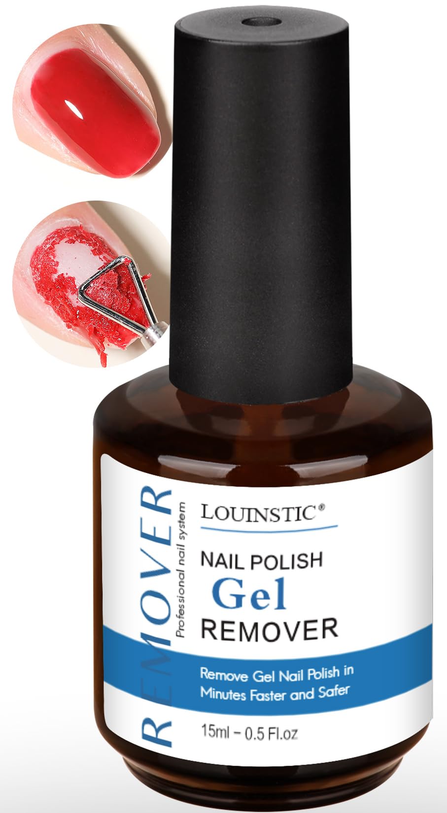 Louinstic 15ml gel nail remover bottle for quick home removal.