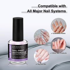 LOUINSTIC acid-free nail dehydrator compatibility with gel polish and acrylic systems.