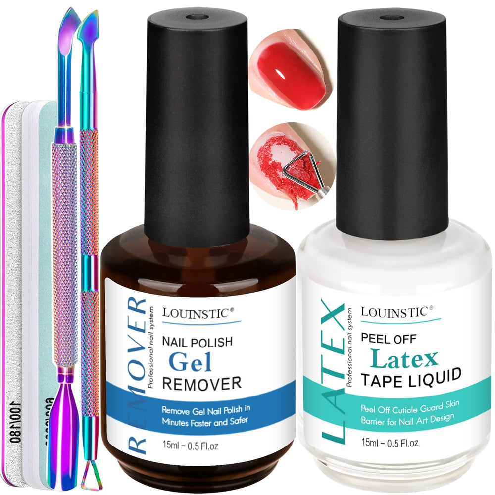 LOUINSTIC gel nail polish remover bottle demonstrates quick removal with minimal mess.