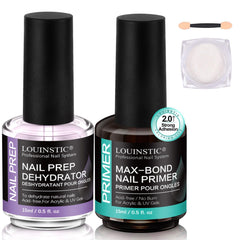 LOUINSTIC nail dehydrator primer bottle setup for lasting adhesion.