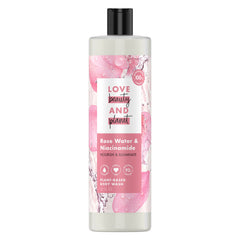 Love Beauty and Planet rose water niacinamide body wash bottle shows eco-friendly packaging for gentle cleansing