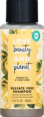 Love Beauty and Planet shampoo bottle back label highlights sulfate- and parabens-free formula.