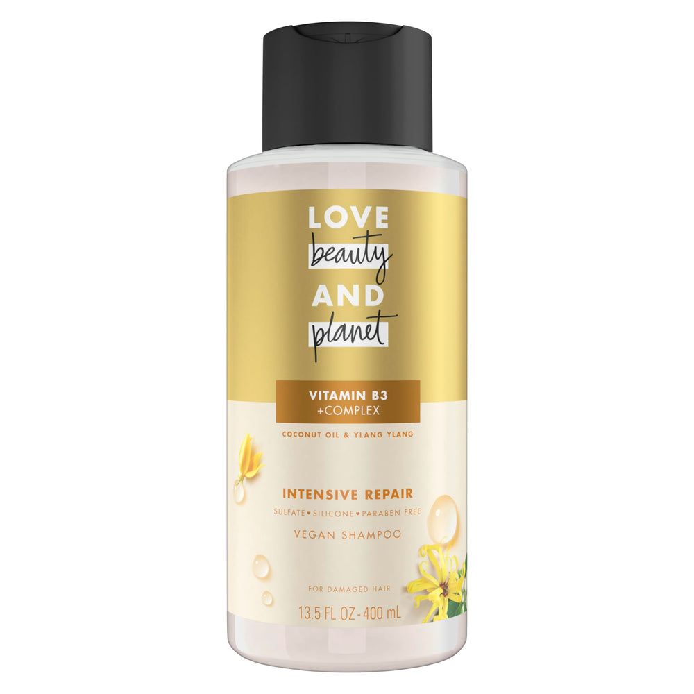 Love Beauty and Planet shampoo bottle front with coconut-ylang-ylang formula for repair.