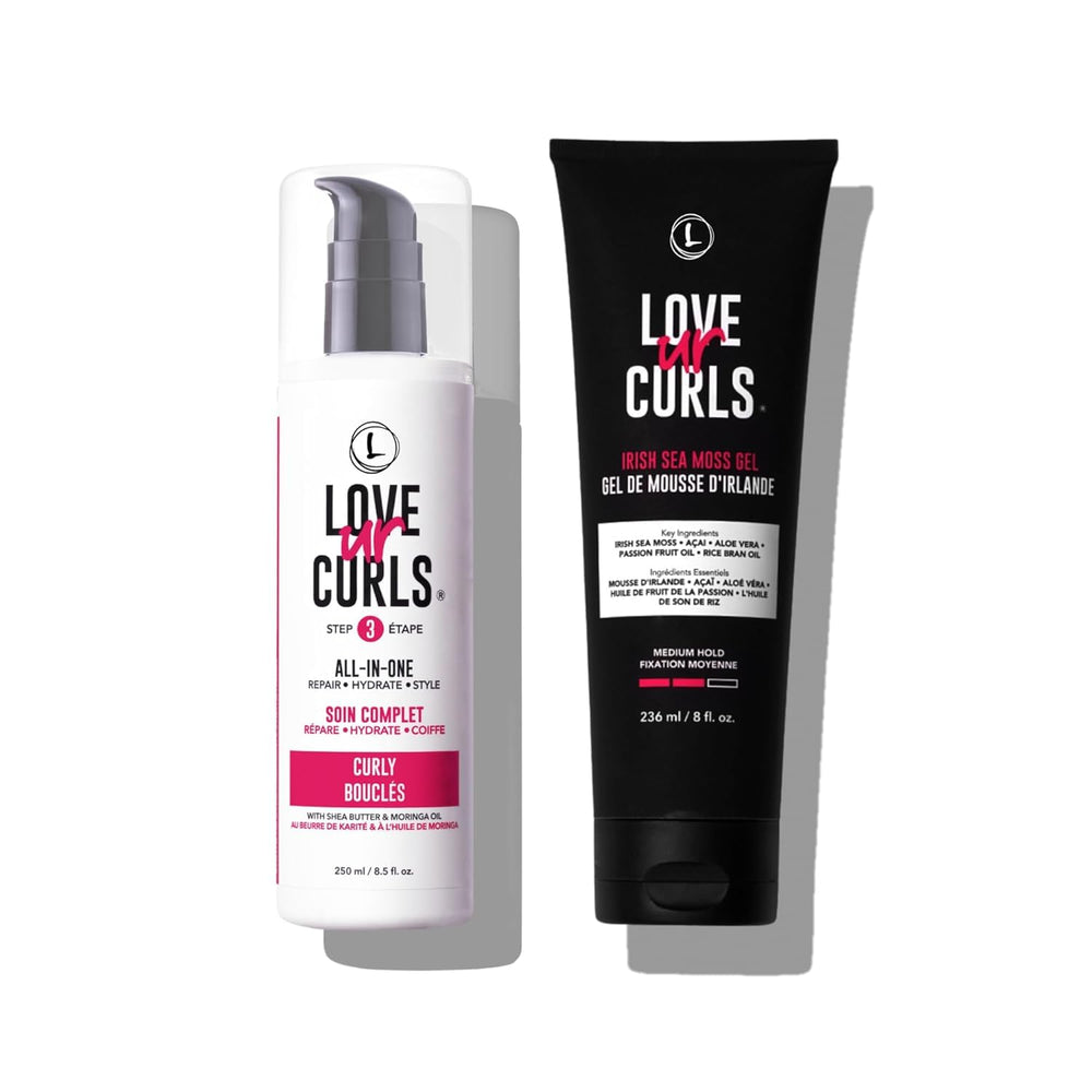 Love Ur Curls all-in-one curl cream bottle for defined, hydrated curls.