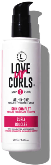 Love Ur Curls All in One Curl Cream Styler bottle front demonstrates defined, frizz-free curls.
