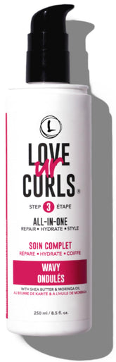 Love Ur Curls All-in-One Styler bottle close-up highlights hydrating, frizz-control formula.