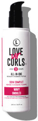 Love Ur Curls All-in-One Styler bottle close-up highlights hydrating, frizz-control formula.