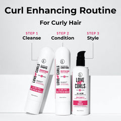 Love Ur Curls conditioner bottle dispense highlights detangling hydration for soft defined curls.