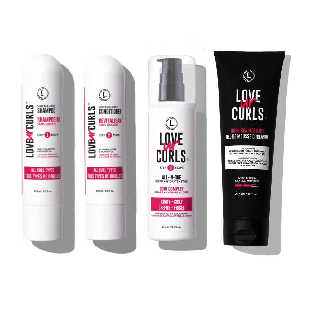Love Ur Curls Gentle Shampoo bottle shows a gentle cleanse for soft, defined curls.