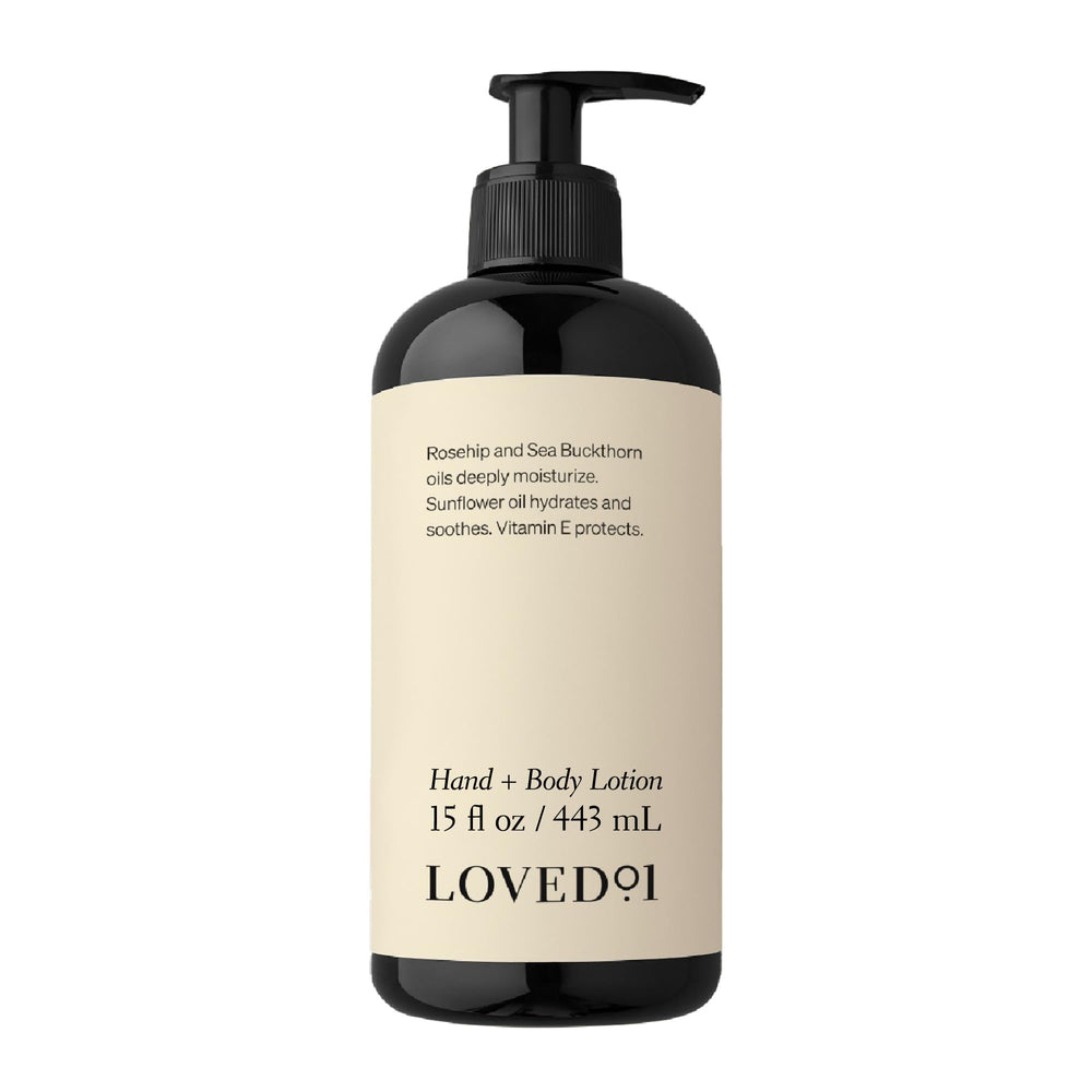 Loved01 Hand & Body Lotion bottle front for everyday hydration.