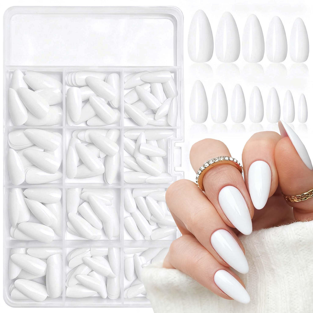 LoveOurHome 240pc short almond white press-on nails for quick at-home manicures.