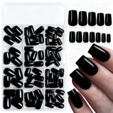 LoveOurHome black square press-on nails, medium length, glossy finish for quick at-home manicures.