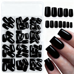 LoveOurHome black square press-on nails, medium length, glossy finish for quick at-home manicures.