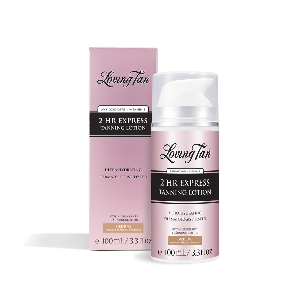 Loving Tan 2 Hr Express self-tanner lotion bottle showcases easy application and hydration.