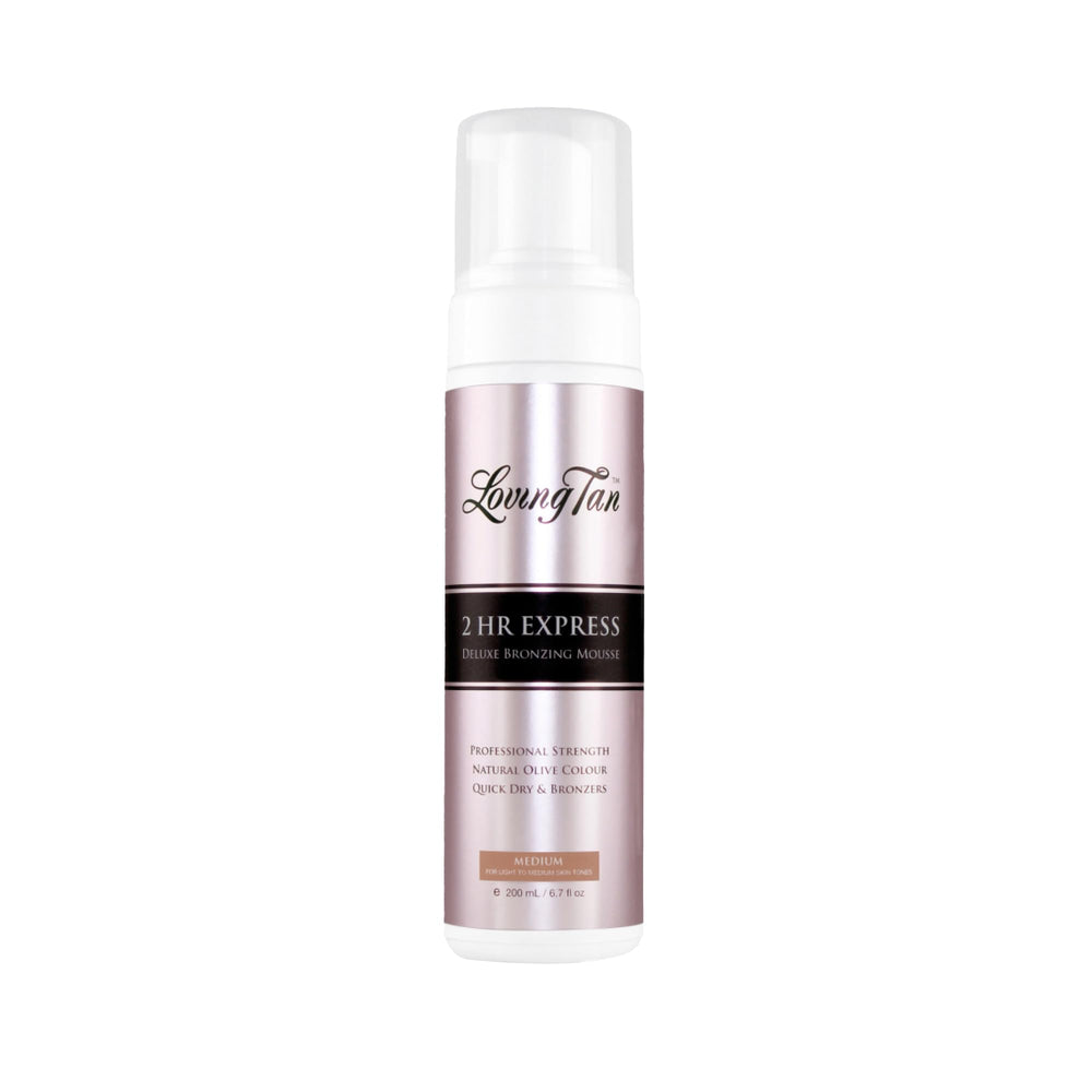 Loving Tan 2 HR Express bottle closeup shows fast drying formula for mess-free tanning