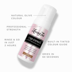 Loving Tan color-guide foam illustrates instant bronzer for smooth, even coverage.