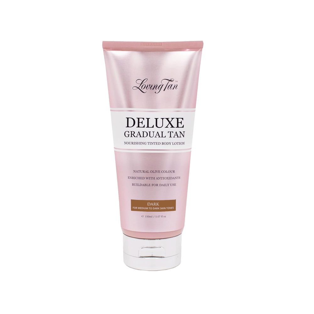 Loving Tan Deluxe Gradual Tan Lotion bottle offers a natural-looking tan with gradual color development.