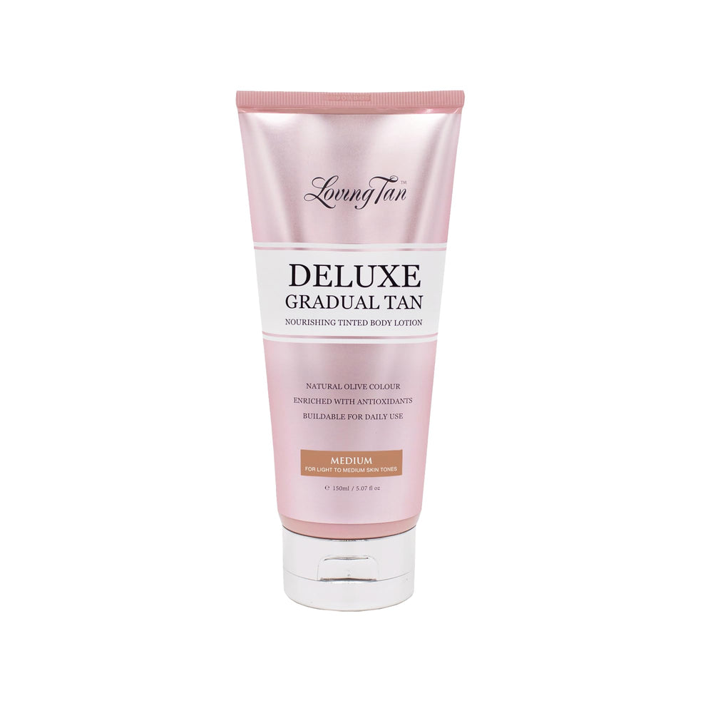Loving Tan Deluxe Gradual Tan Lotion bottle showing quick-drying, even shade.