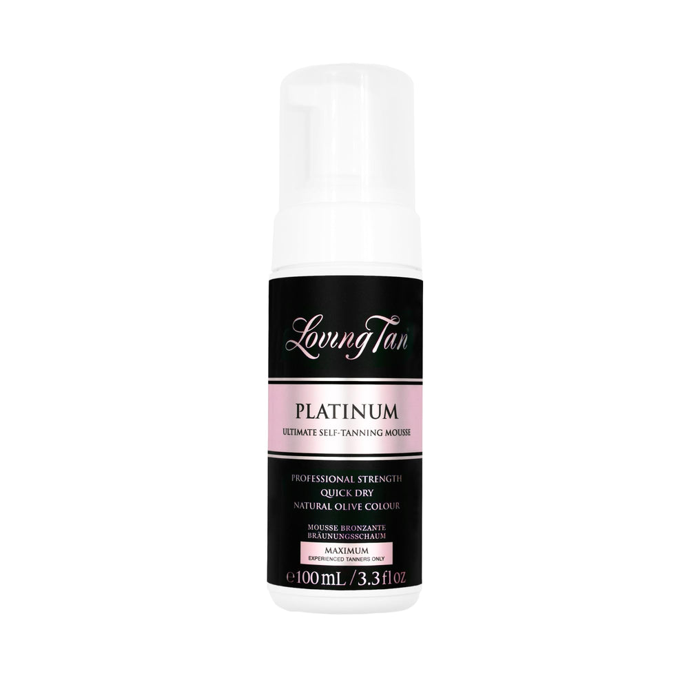 Loving Tan Platinum Dark bottle close-up highlights deepest shade for natural glow