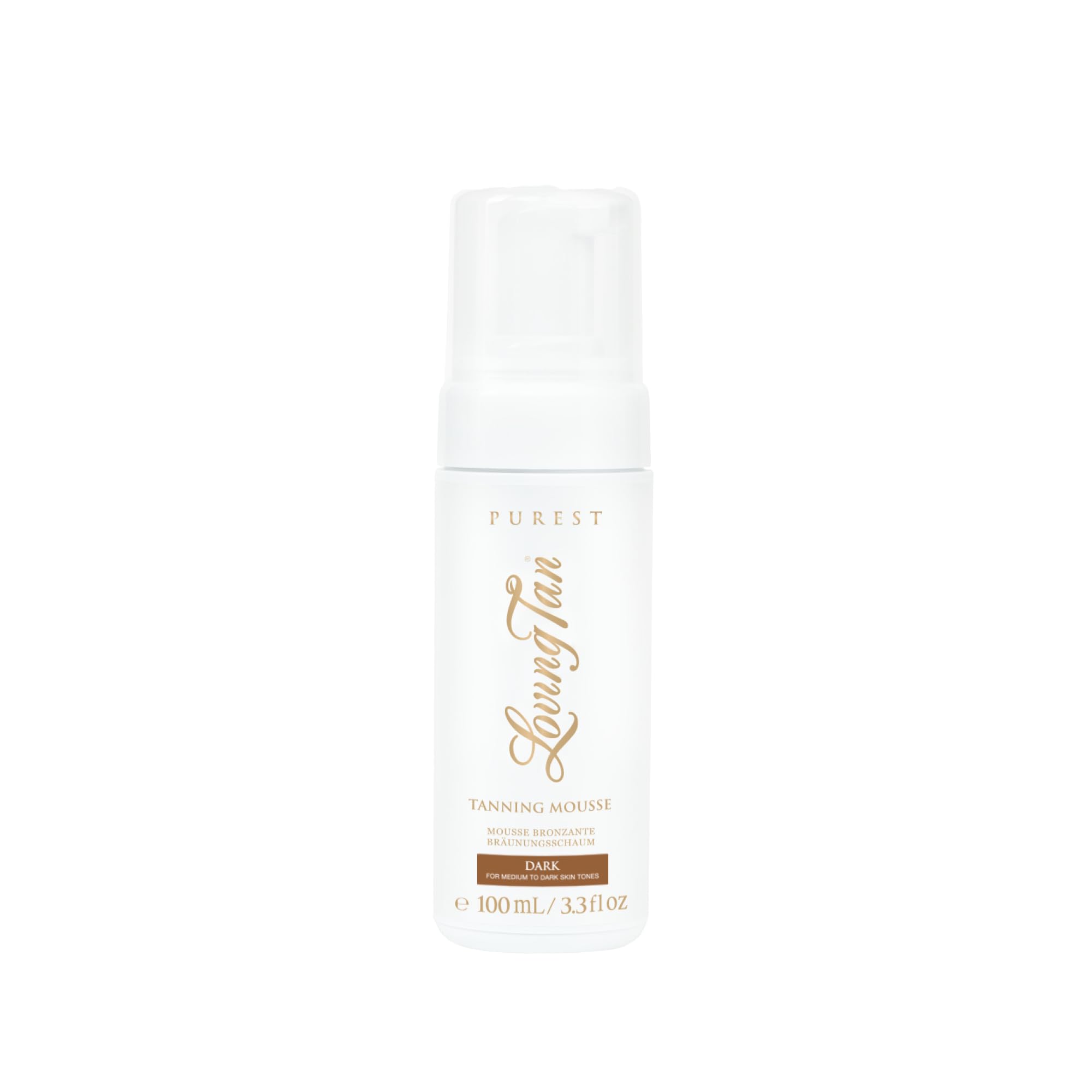 Loving Tan Purest Mousse Dark bottle front for a natural-looking sunless tan tint