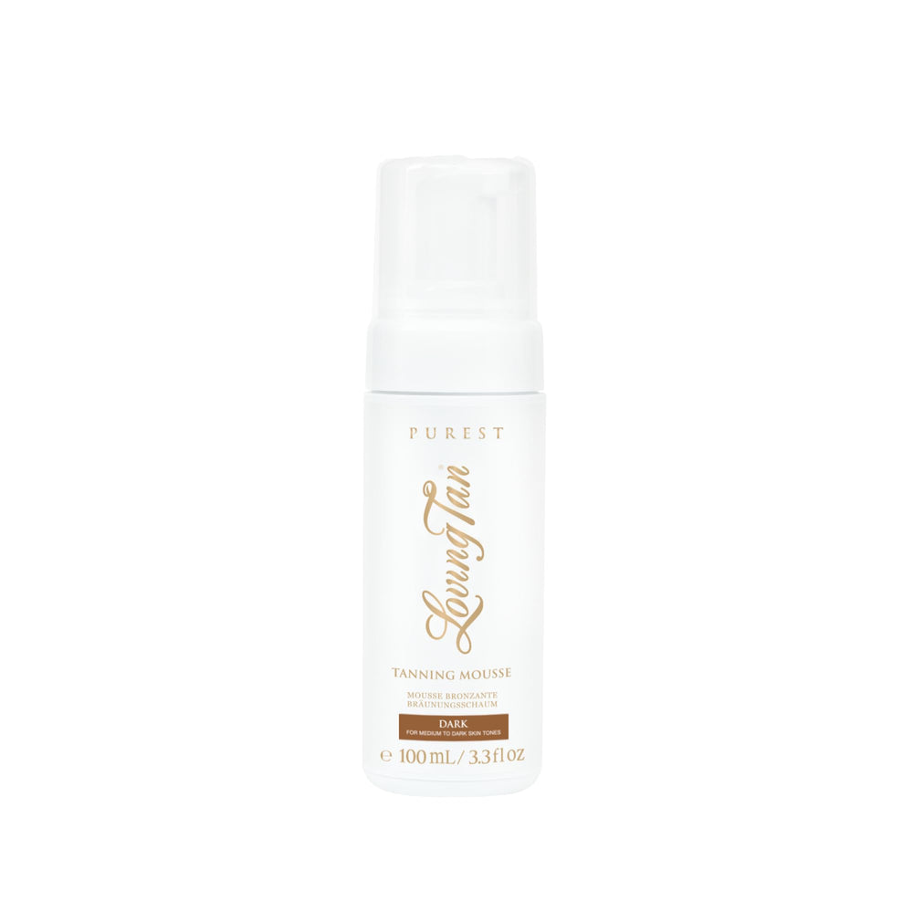 Loving Tan Purest Mousse Dark bottle front for a natural-looking sunless tan tint