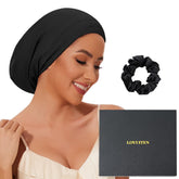 LOVUITEN silk bonnet adjustable strap closeup for secure, comfortable sleep