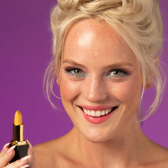 L'Paige LYW lipstick application closeup shows satin finish and smooth glide for easy daily wear.