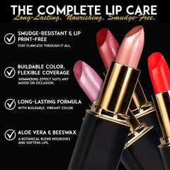 L'Paige Rosy Pearl application closeup highlights smooth transfer-resistant color on lips.