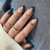 LPOODDNU Christmas press-on nails almond shape with green tips and snowflake design for festive style