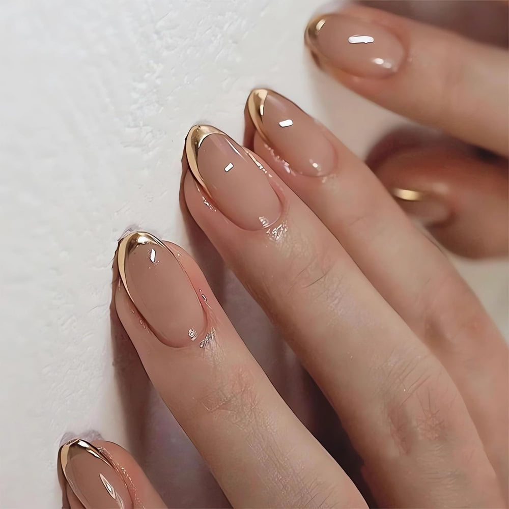 LPOODDNU French Tip Almond nails with gold tips for a quick salon-like manicure