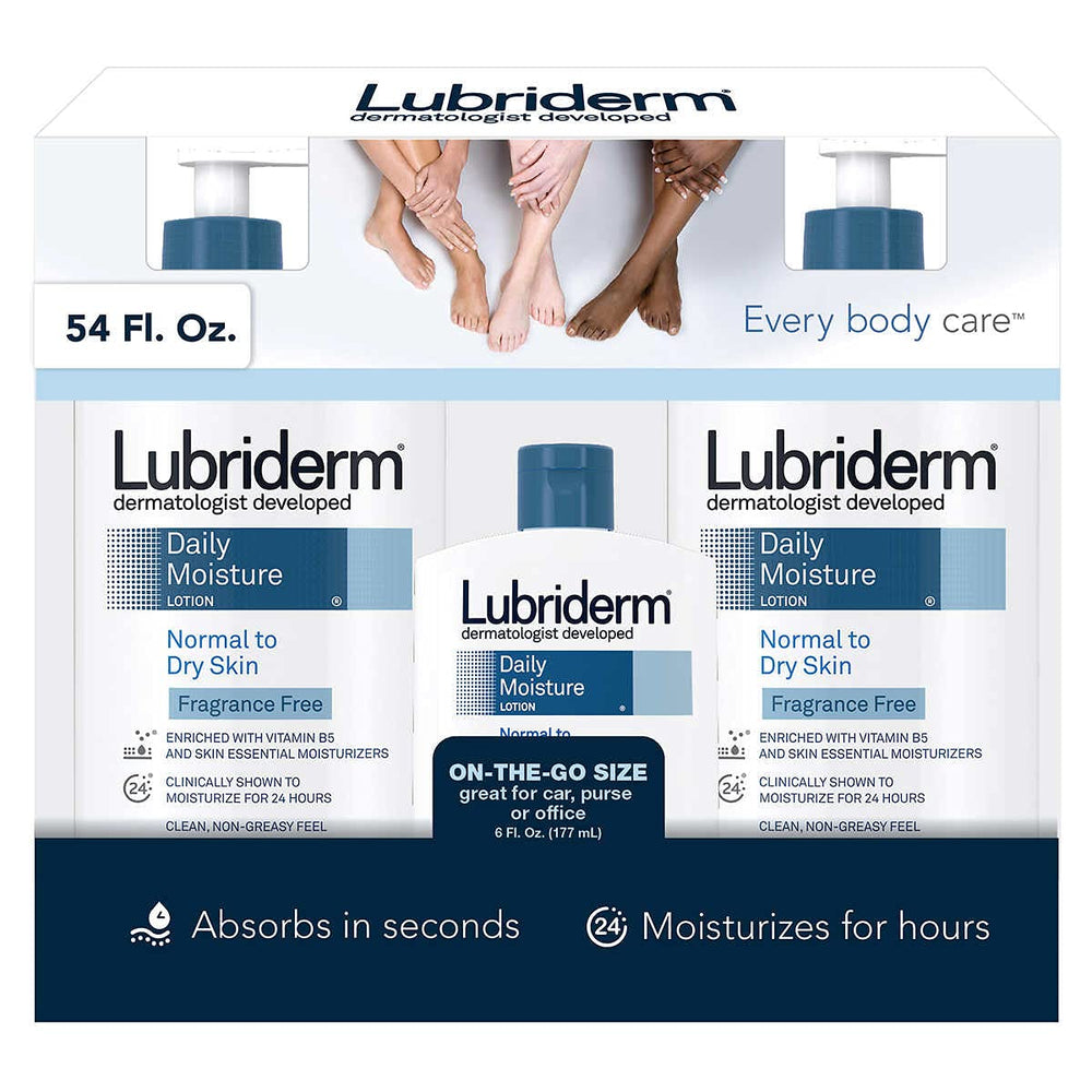 Lubriderm Daily Moisture Lotion fragrance-free bottles for easy daily hydration.