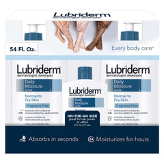 Lubriderm Daily Moisture Lotion fragrance-free bottles for easy daily hydration.