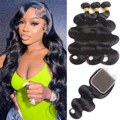 LUCASHA 18-inch body wave bundles with closure show natural texture for voluminous style.