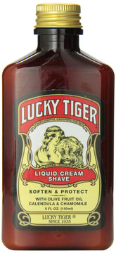 Lucky Tiger Liquid Cream Shave bottle pour shows smooth glide and easy preparation for a barbershop-quality shave