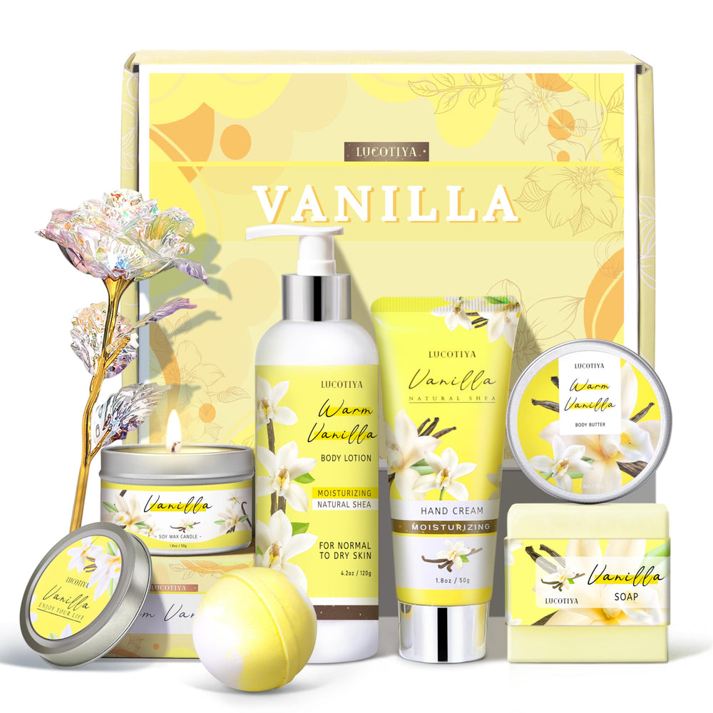LUCOTIYA birthday spa gift box front view with cheerful yellow design for celebrations