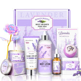 Lucotiya Lavender Spa Gift Set body lotion shown, hydrates dry skin and invites calm