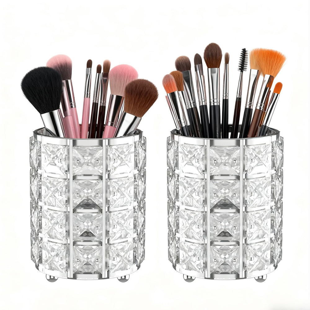 LUGUNU makeup brush holder with silver crystal bling viewed from vanity front showing organized routine