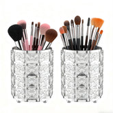 LUGUNU makeup brush holder with silver crystal bling viewed from vanity front showing organized routine