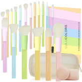 LULUCOLORS 18pc makeup brush set packaging shows an organized travel-ready kit.