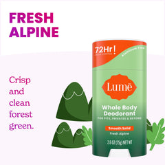 Lume aluminum-free and baking soda-free label emphasizing skin-safe formula