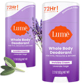 Lume Deodorant Cream Stick Lavender Sage packaging shows aluminum-free, gentle formula for sensitive skin.
