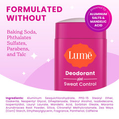 Lume Deodorant Plus skin-loving formula shown, hypoallergenic and gentle for sensitive skin.