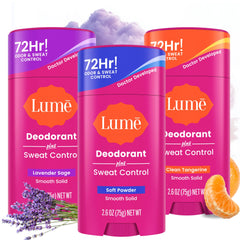 Lume Deodorant Plus Sweat Control smooth solid stick offers long-lasting odor and sweat protection.