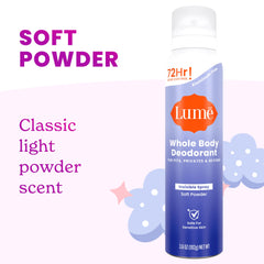 Lume Soft Powder scent visible on bottle for gentle freshness.