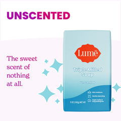 Lume triple milled bar soap creamy lather for luxurious cleansing.