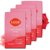 Lume triple-milled bar soap close-up showing rich moisture for softer skin.